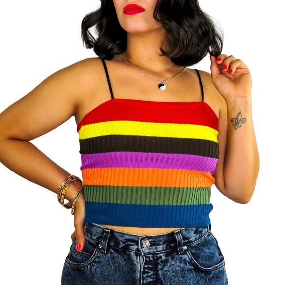 Cider Rainbow Thin Strap Cami Medium Pride Striped Ribbed - Picture 2 of 5